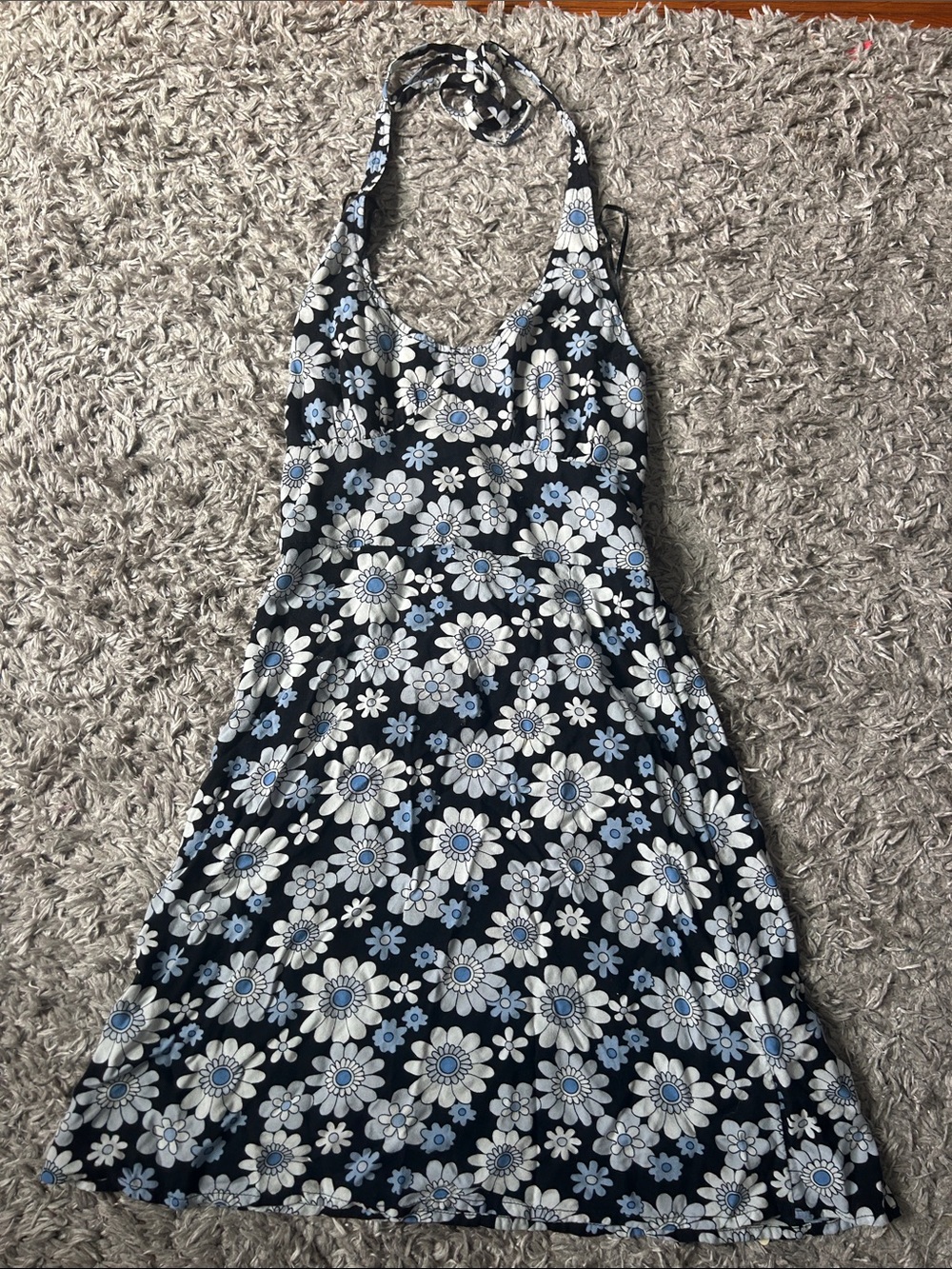 Hollister Black Halter Mini Dress with White & Light Blue Floral Print